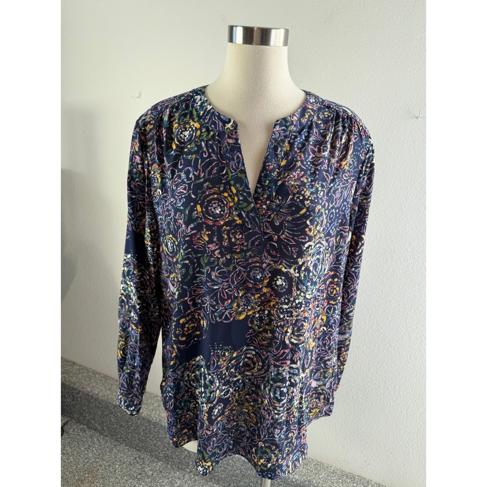 Zac & Rachel Womens XL Blue Paisley Floral Roll Tab Sleeve V Neck Blouse Top
